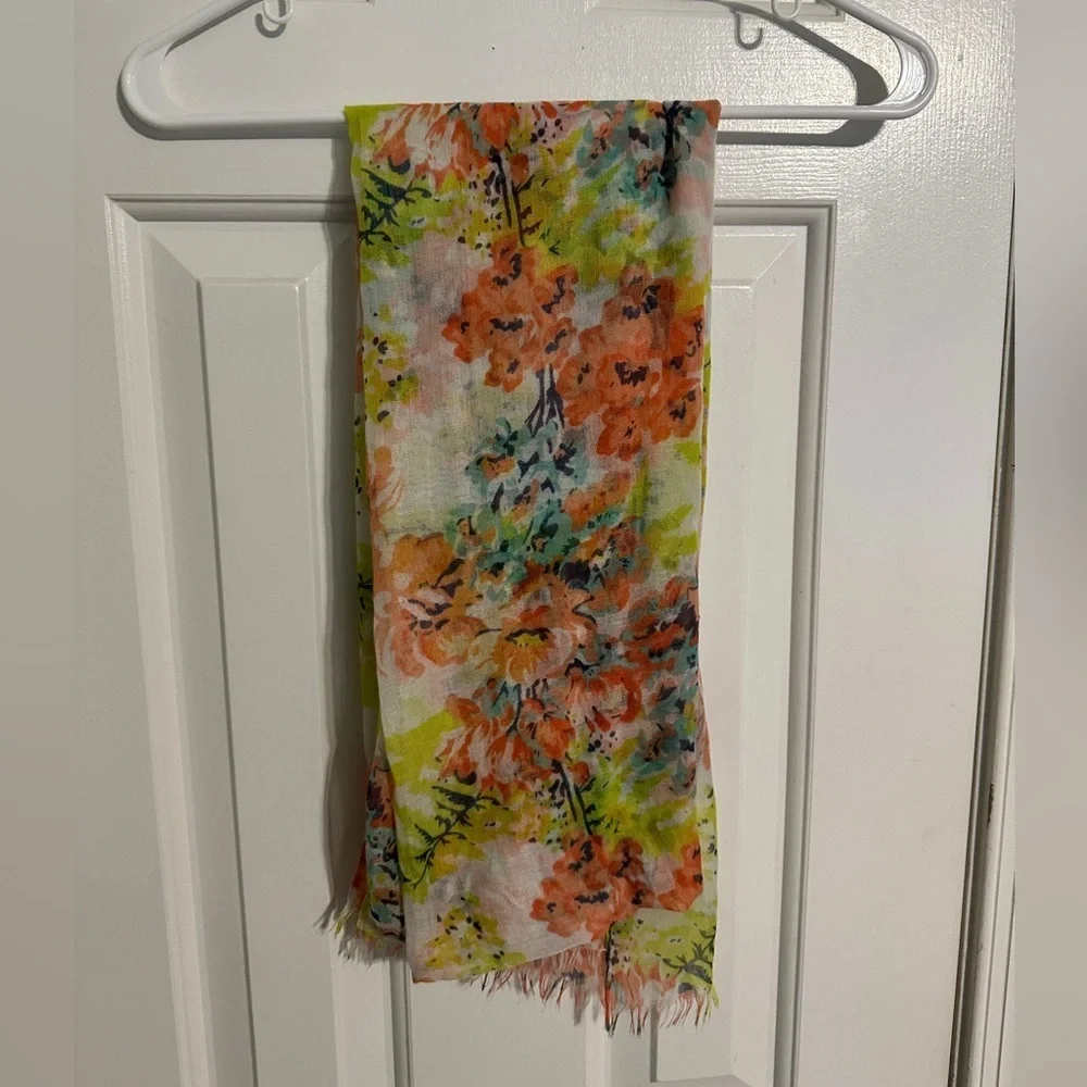 Floral Print Scarf with Orange and Green Accents - Picture 3 of 7